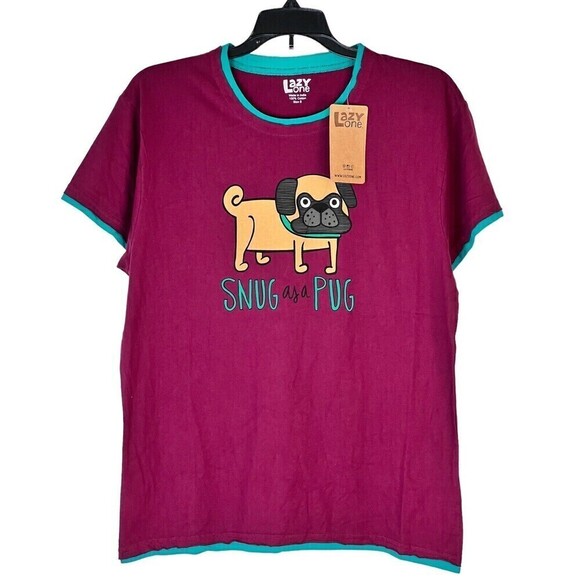 Lazy One Snug as a Pug Burgundy Teal Women's Tee Shirt Top Size Small Cotton - Picture 1 of 5